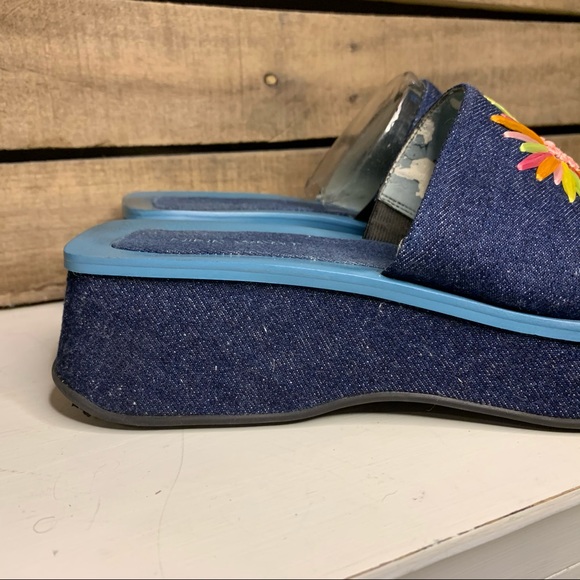 VINTAGE Nine West Y2K Denim Square Toe Embroidered Platform Slides Size 7.5 - Picture 2 of 12